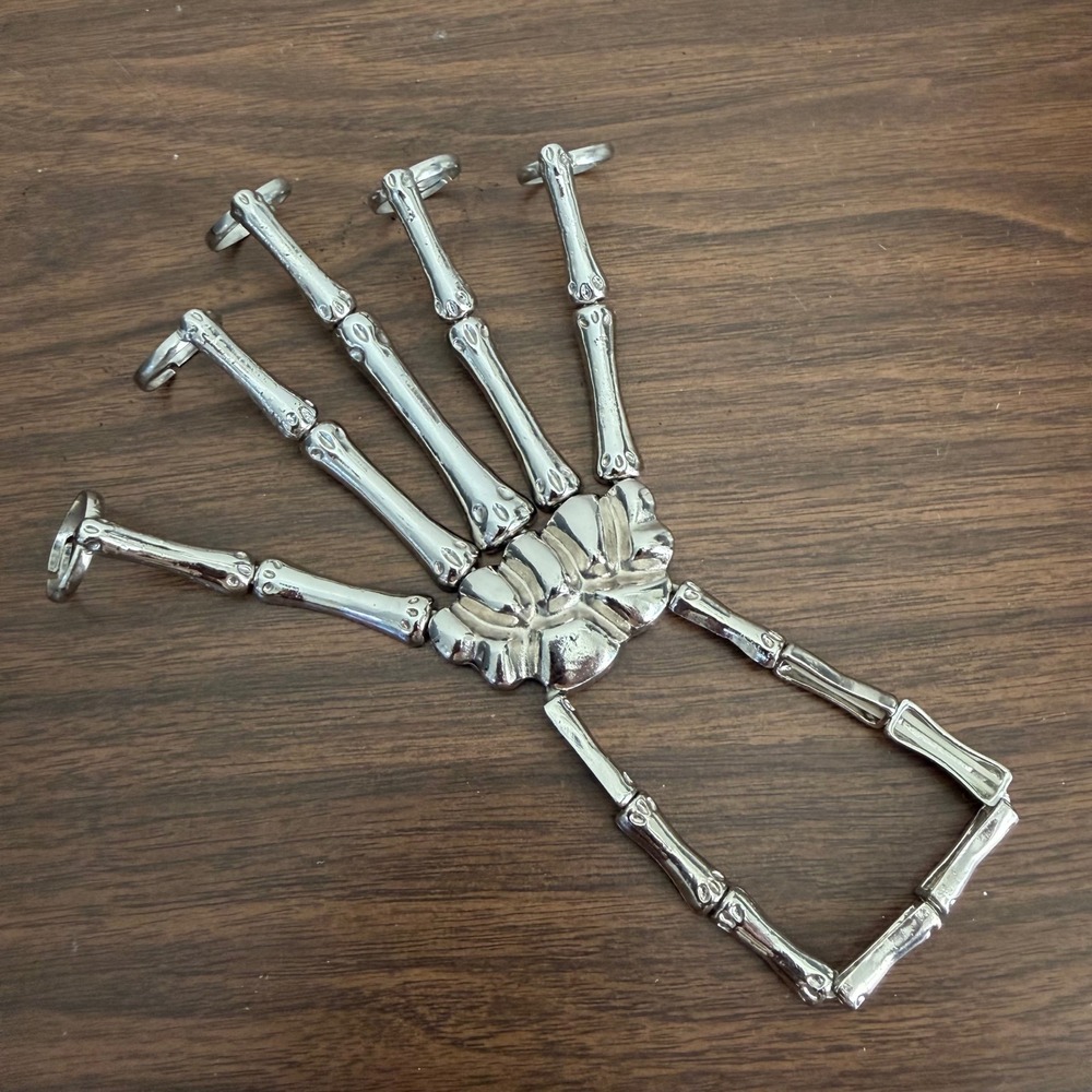 Silver Metal Gothic Punk Skeleton Hand Ring Bracelet Adjustable Cosplay Jewelry